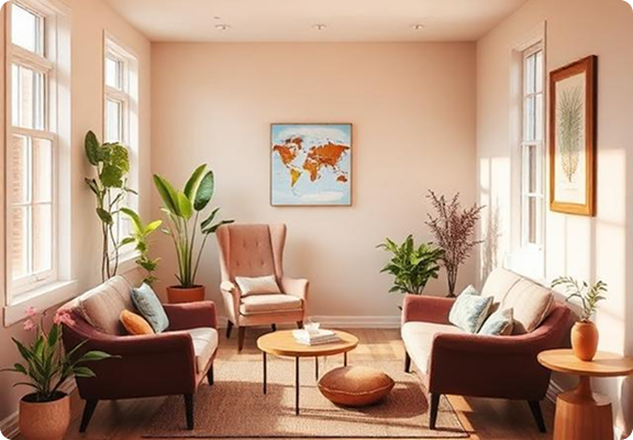 Peaceful therapy office with comfortable seating and natural light