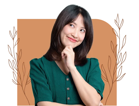 Smiling woman looking upward thoughtfully with a hand on her chin in front of a decorative background