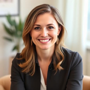 A woman with wavy light brown hair, wearing a dark blazer and white blouse, sits smiling in a bright, modern room with a plant and framed picture in the background.