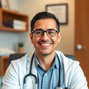 A smiling male doctor with short dark hair, wearing glasses, a white coat, and a stethoscope around his neck, sits in an office with shelves and a framed certificate in the background.