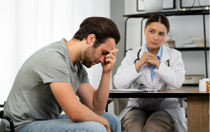 A man sits with his head in his hand, looking distressed, while a doctor in a white coat listens attentively across a desk during a psychiatric evaluation in a medical office.